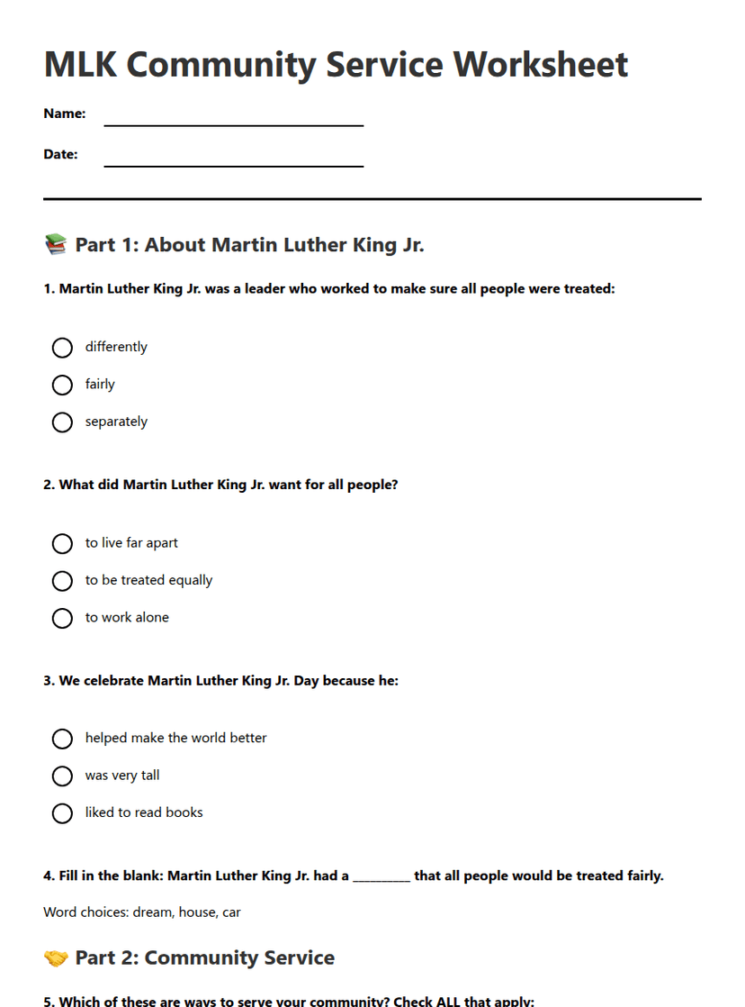 MLK Community Service Worksheet