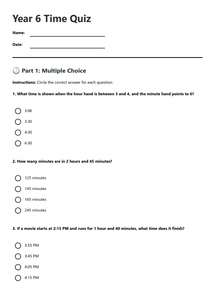 Year 6 Time Quiz worksheet preview