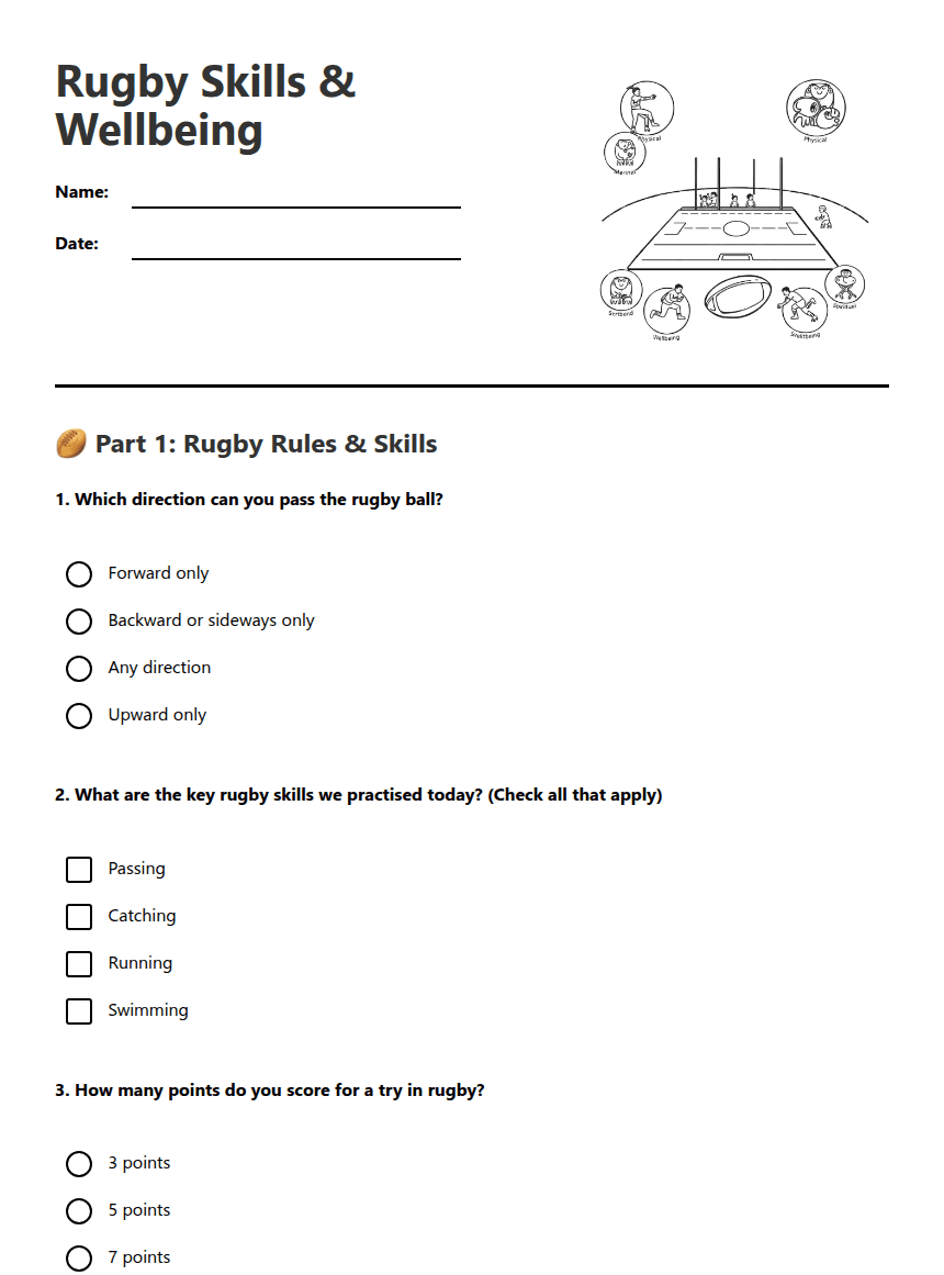 Rugby Skills & Wellbeing worksheet preview