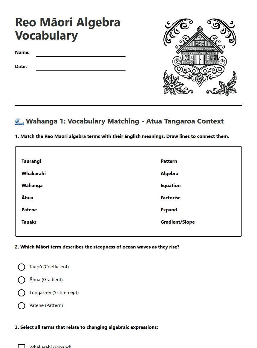 Reo Māori Algebra Vocabulary worksheet preview