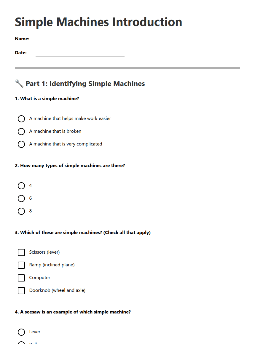 Simple Machines Introduction worksheet preview
