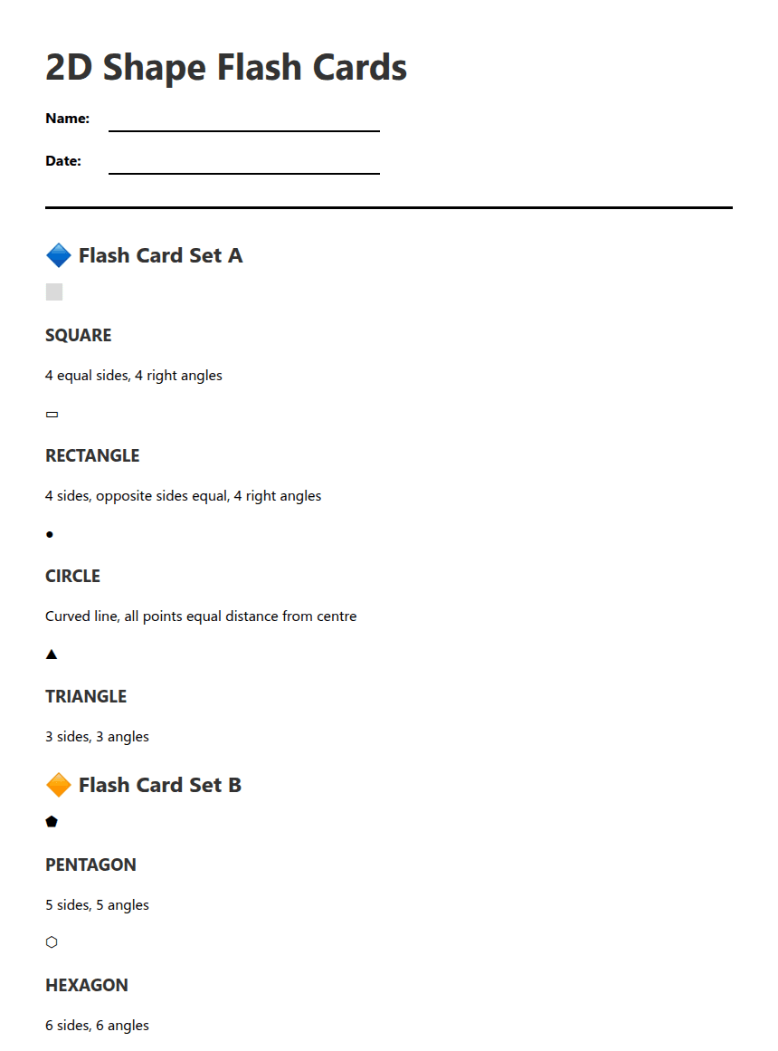 2D Shape Flash Cards worksheet preview