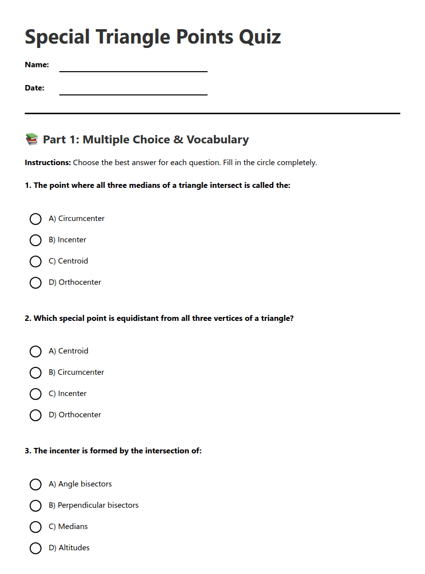 Special Triangle Points Quiz worksheet preview