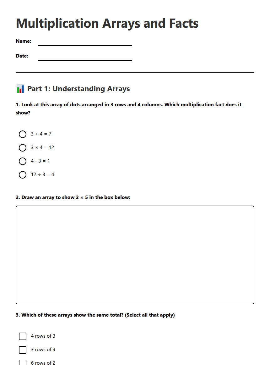 Multiplication Arrays and Facts worksheet preview