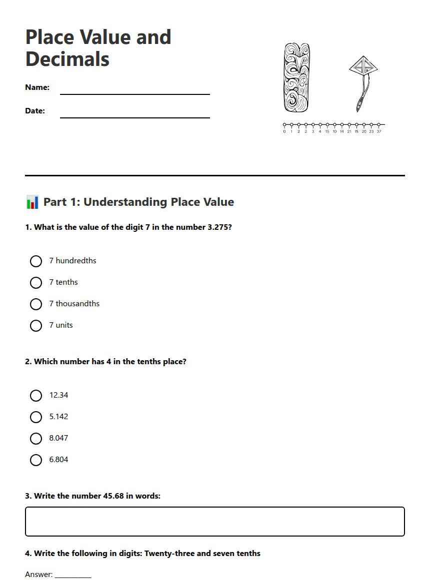 Place Value and Decimals worksheet preview