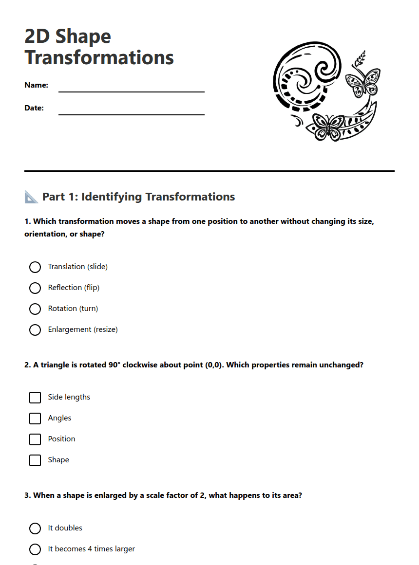 2D Shape Transformations worksheet preview