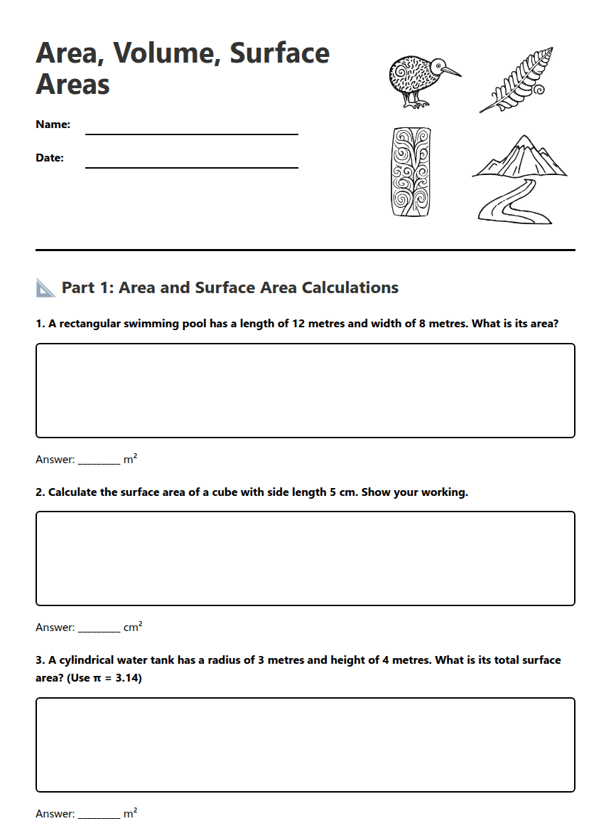Area, Volume, Surface Areas worksheet preview