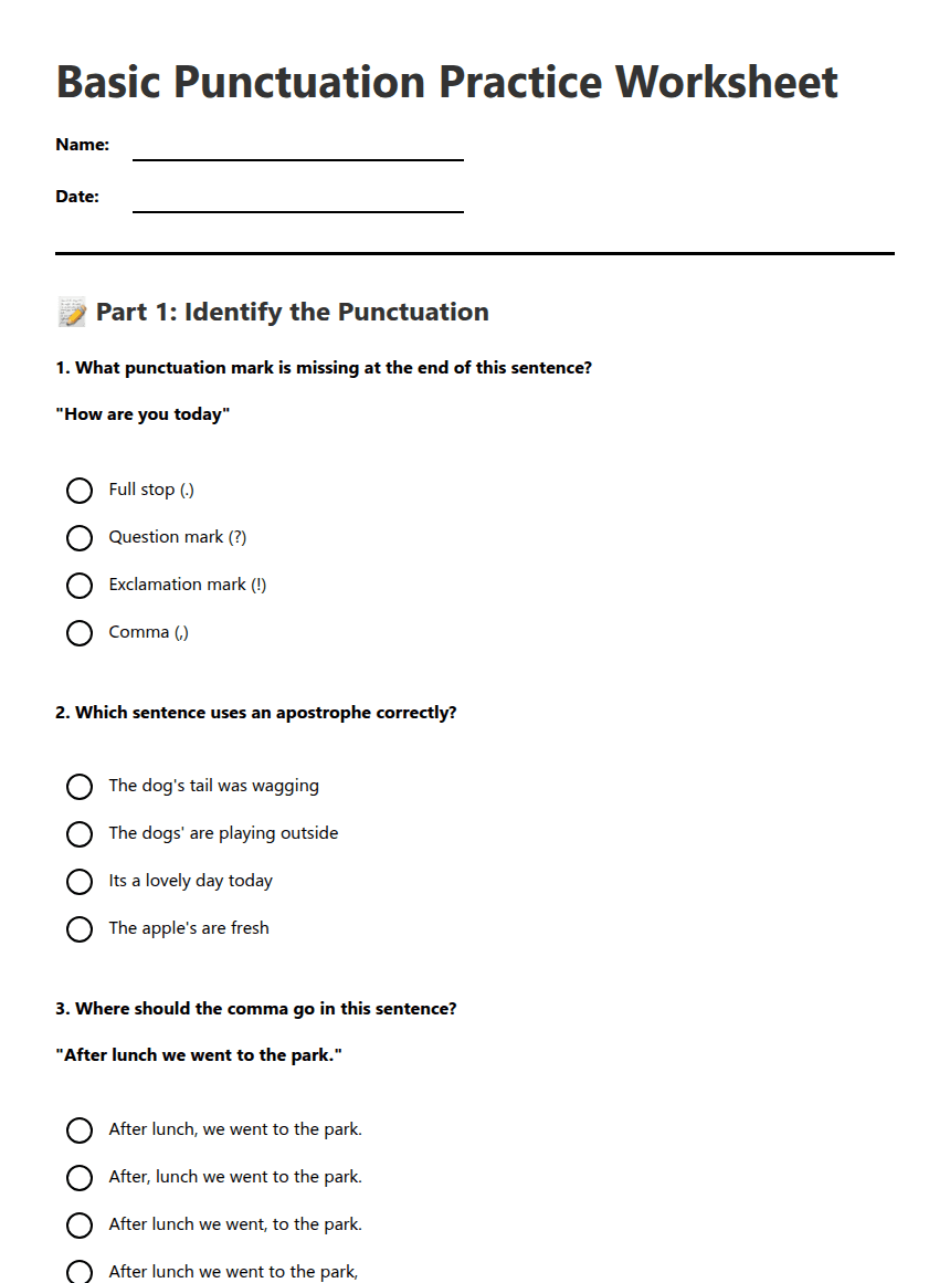 Basic Punctuation Practice Worksheet worksheet preview
