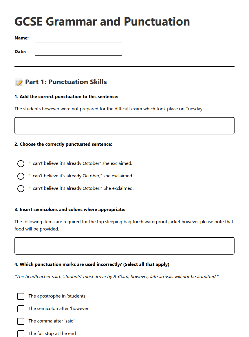 GCSE Grammar and Punctuation worksheet preview