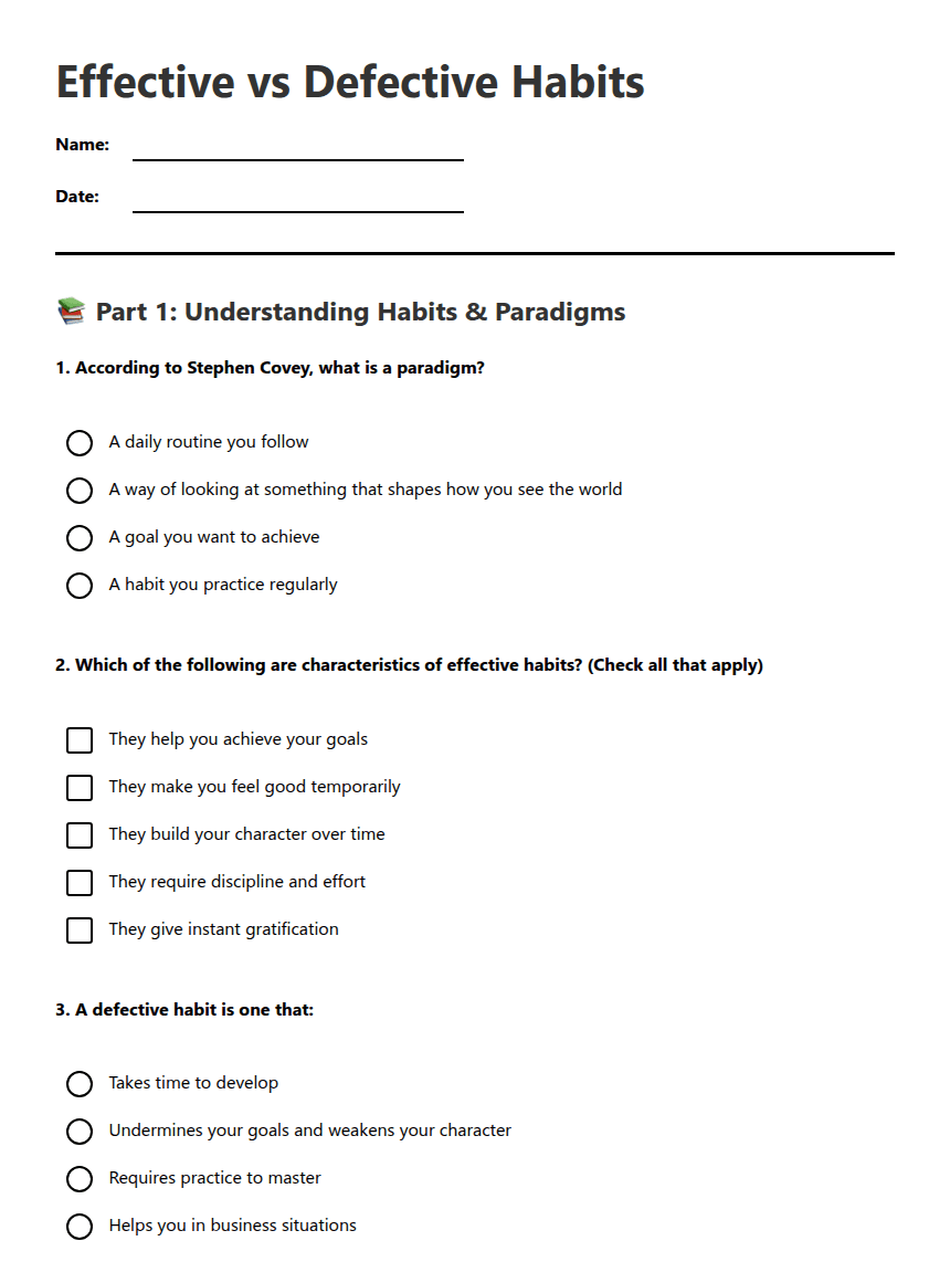 Effective vs Defective Habits worksheet preview