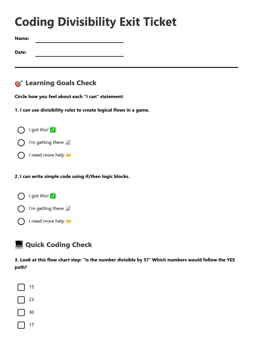 Coding Divisibility Exit Ticket worksheet preview
