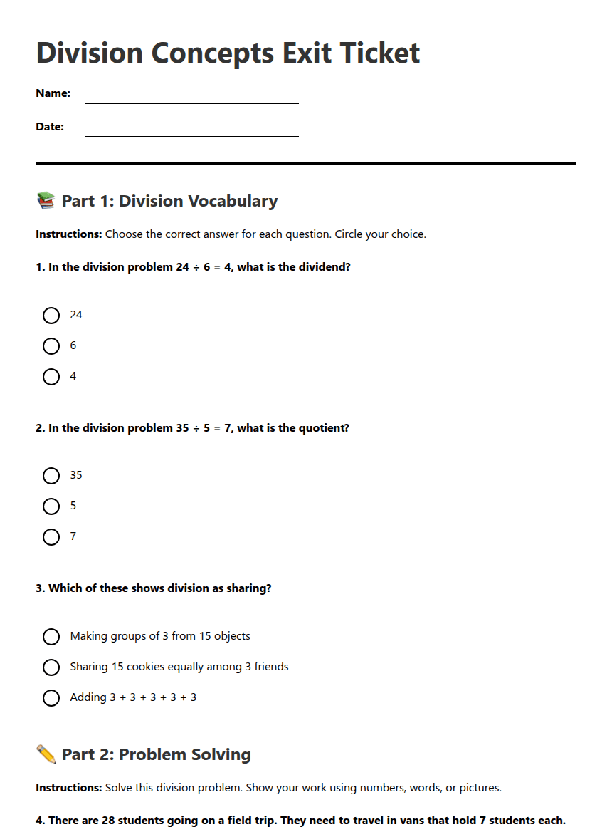 Division Concepts Exit Ticket worksheet preview