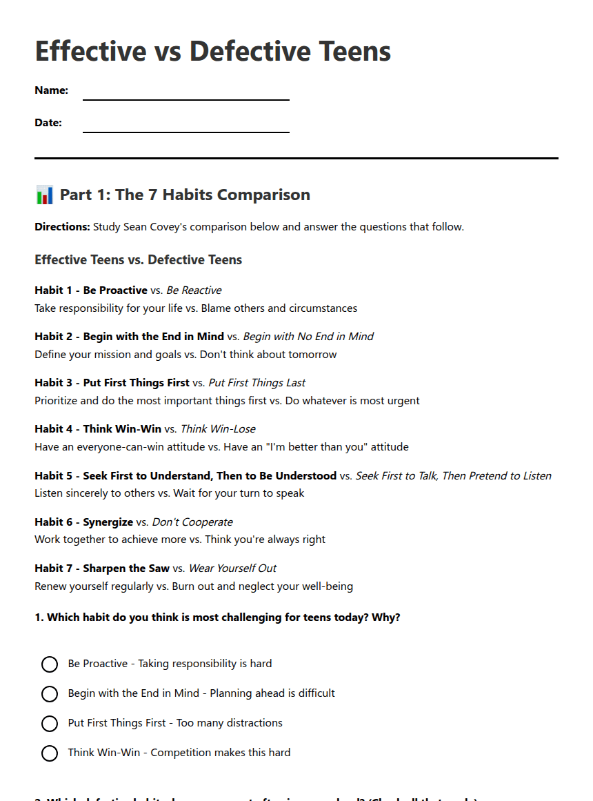 Effective vs Defective Teens worksheet preview