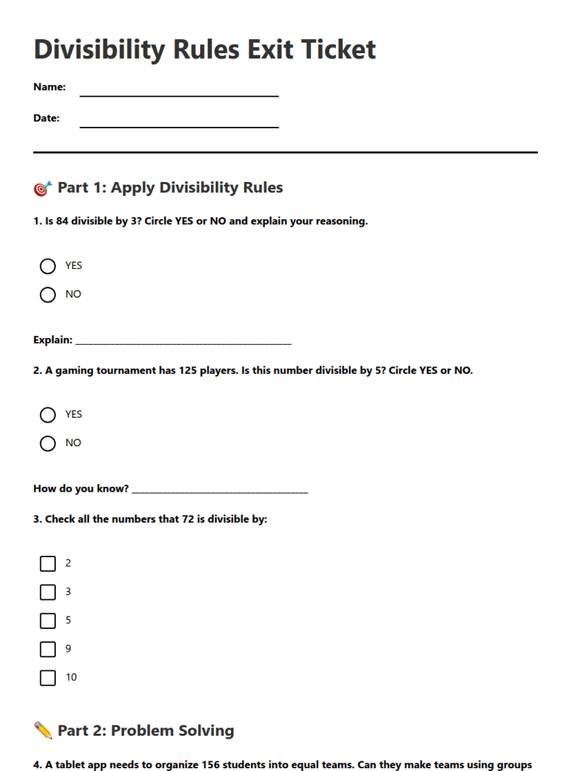 Divisibility Rules Exit Ticket