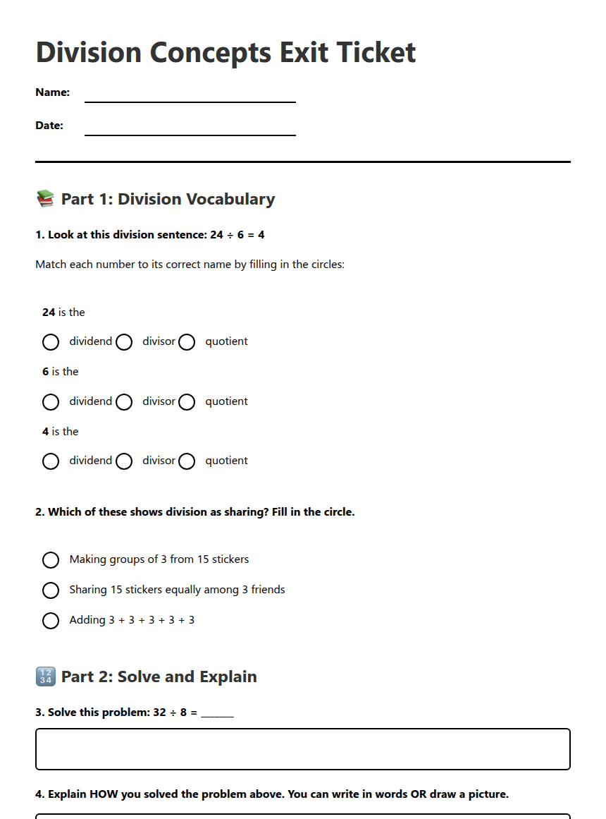 Division Concepts Exit Ticket worksheet preview