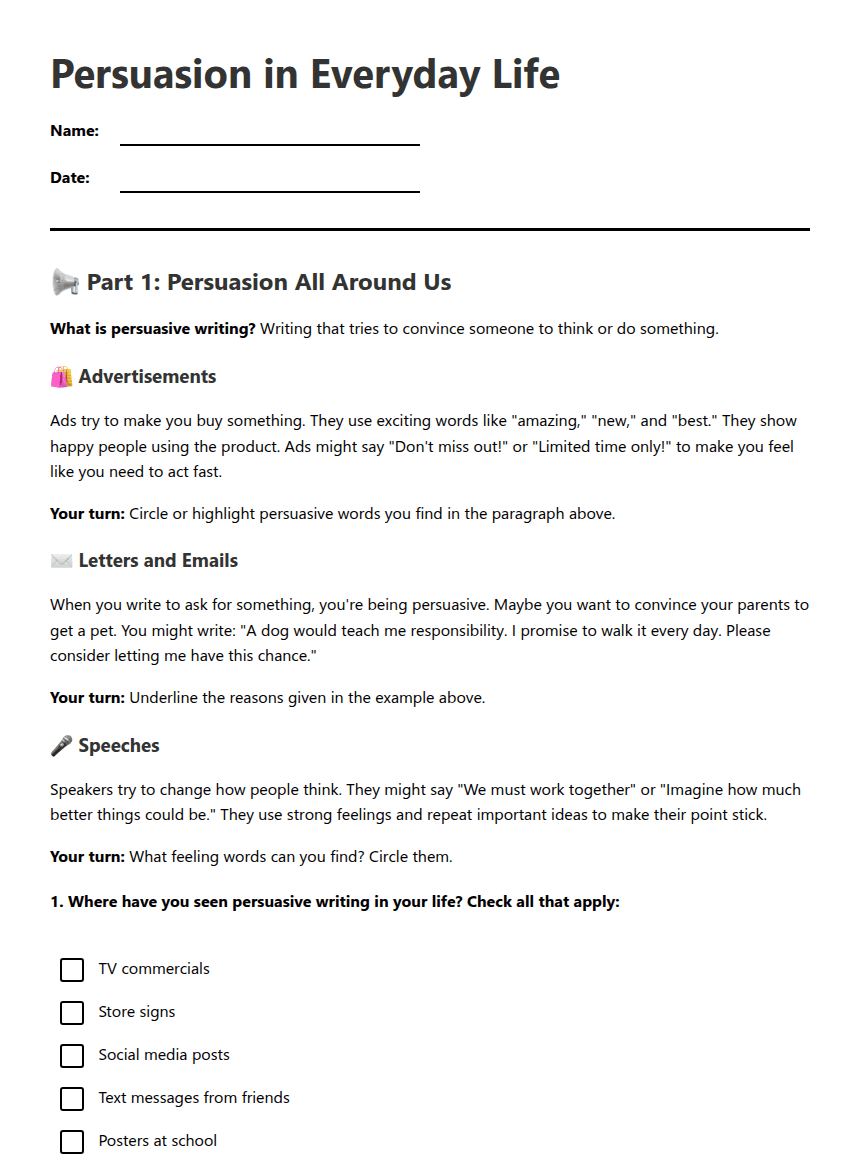 Persuasion in Everyday Life worksheet preview