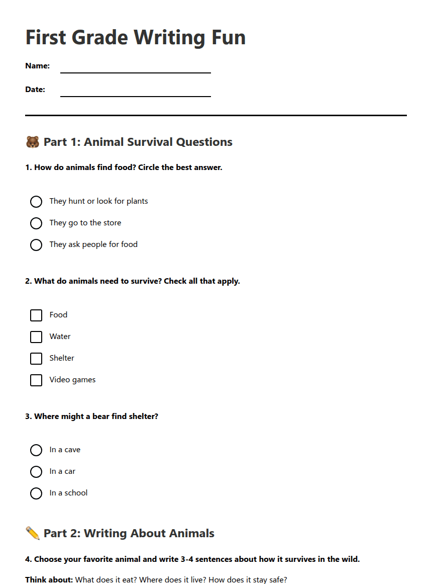 First Grade Writing Fun worksheet preview