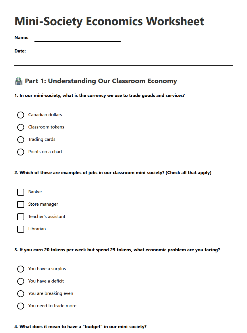 Mini-Society Economics Worksheet worksheet preview