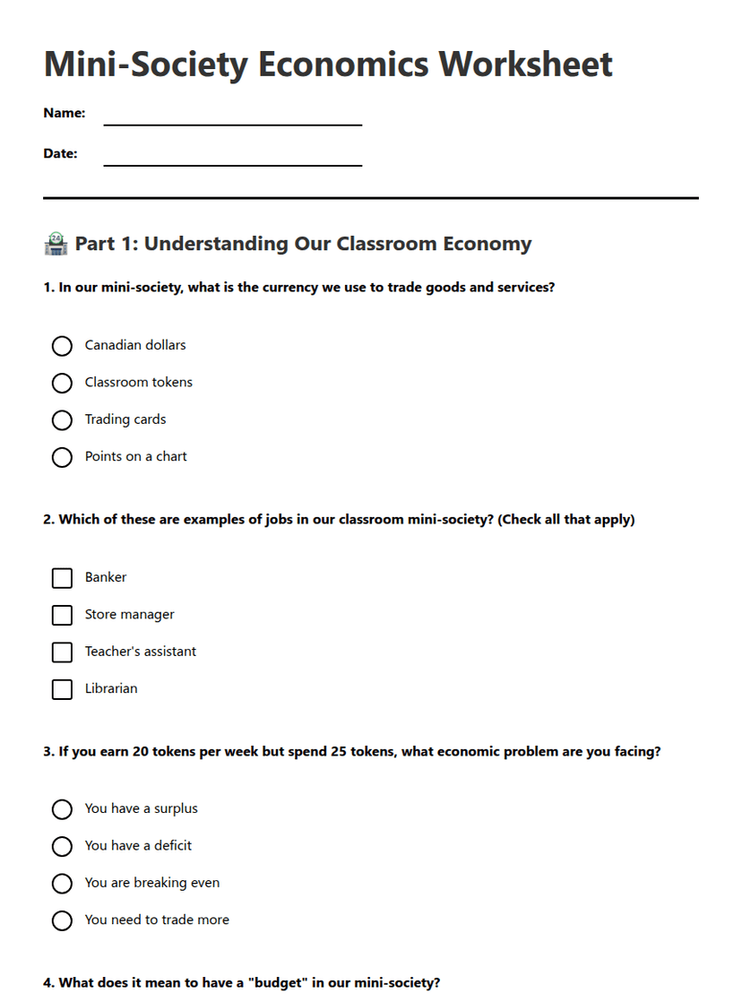 Mini-Society Economics Worksheet
