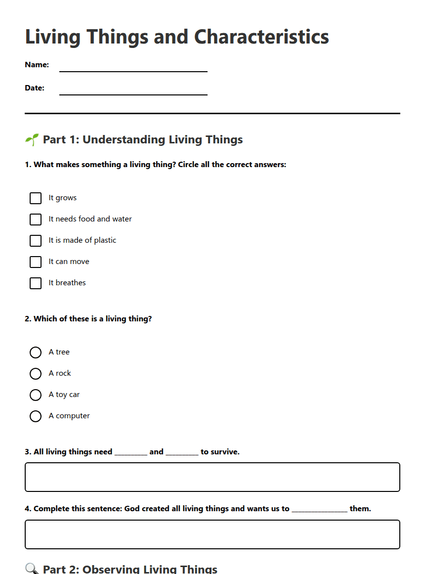 Living Things and Characteristics worksheet preview
