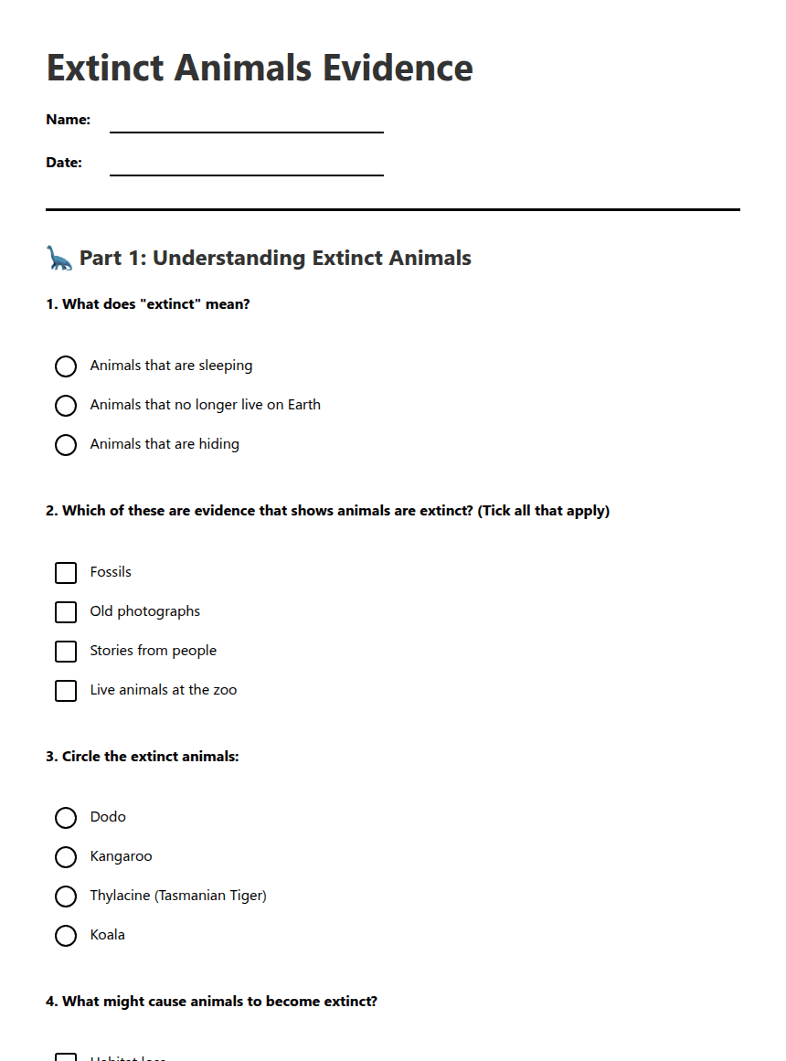 Extinct Animals Evidence worksheet preview