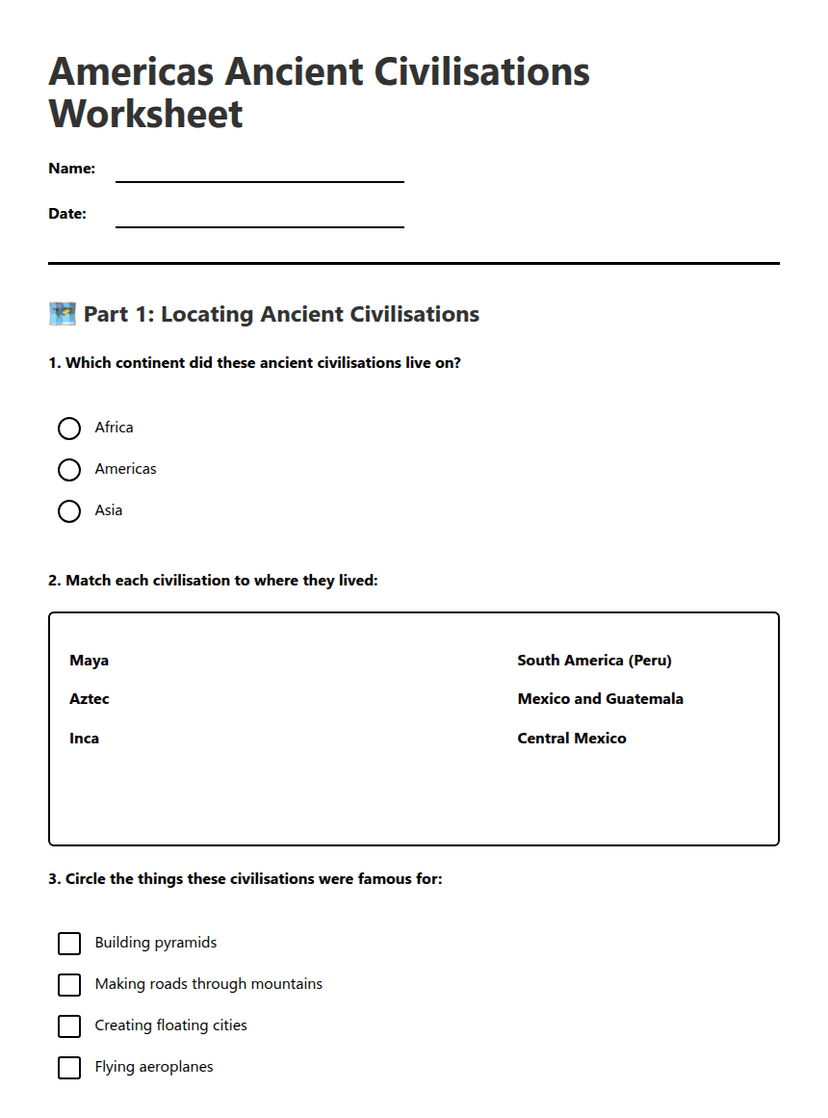 Americas Ancient Civilisations Worksheet