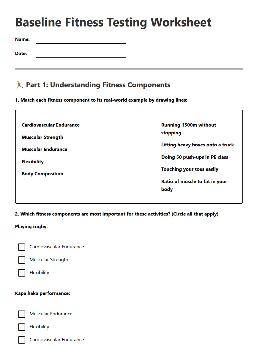 Baseline Fitness Testing Worksheet worksheet preview