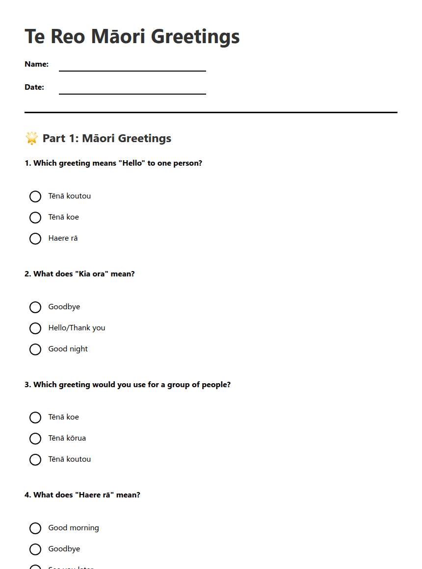 Te Reo Māori Greetings worksheet preview