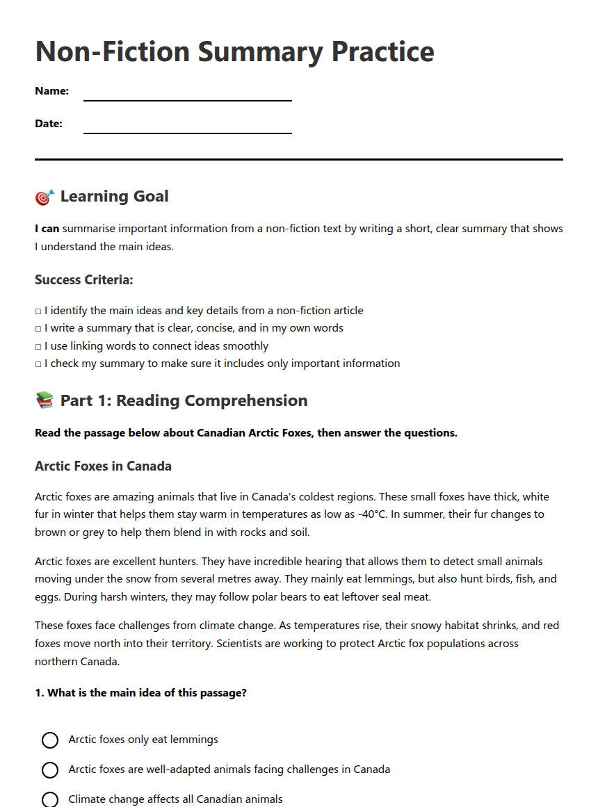 Non-Fiction Summary Practice