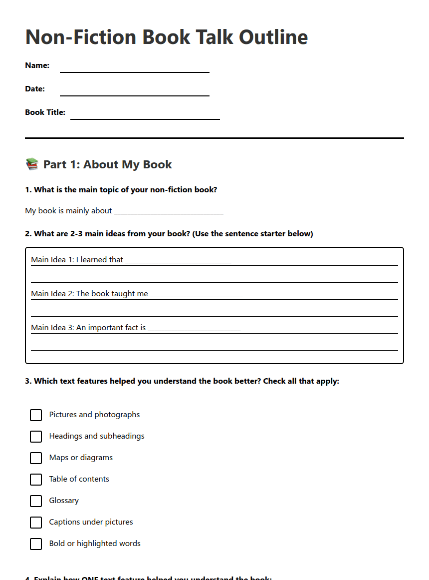 Non-Fiction Book Talk Outline worksheet preview