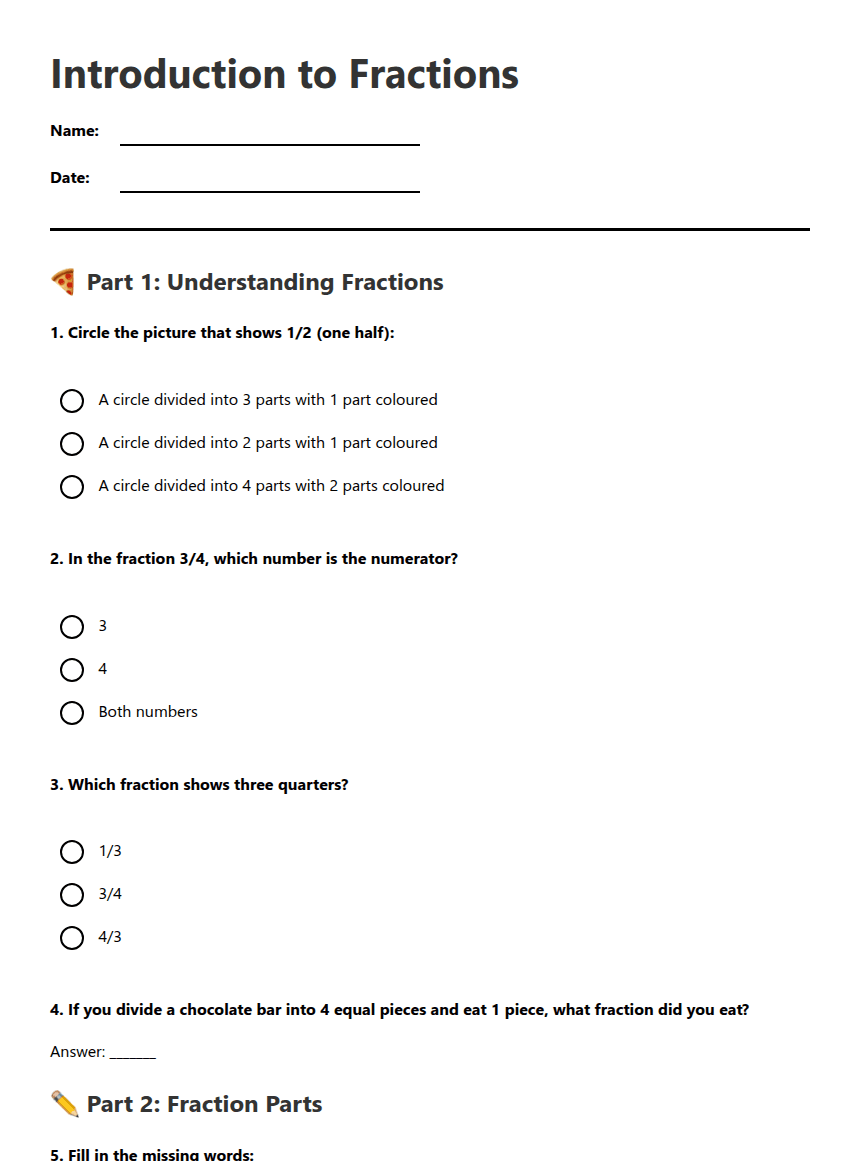 Introduction to Fractions worksheet preview