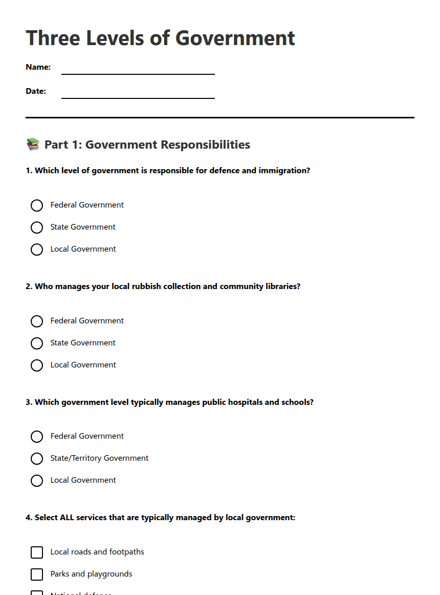 Three Levels of Government worksheet preview