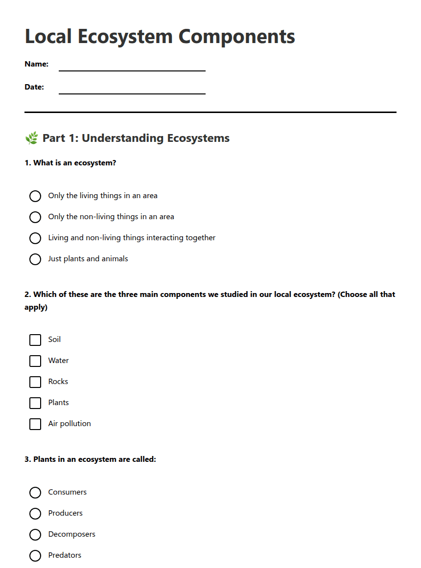Local Ecosystem Components worksheet preview