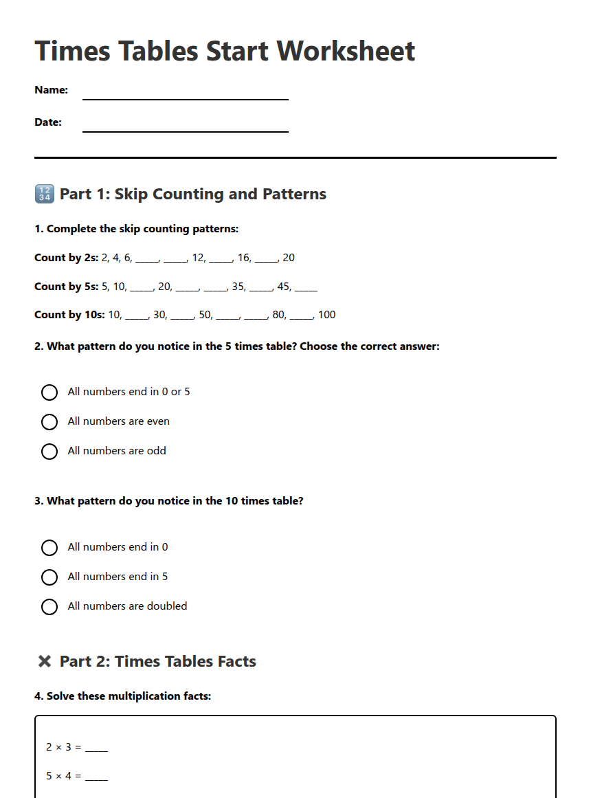 Times Tables Start Worksheet worksheet preview