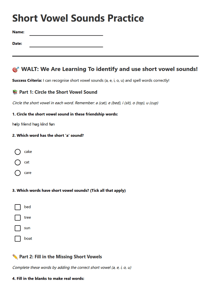 Short Vowel Sounds Practice