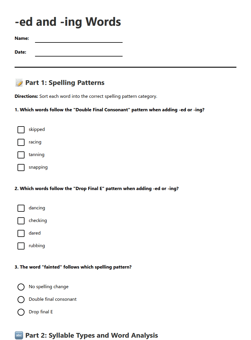 -ed and -ing Words worksheet preview