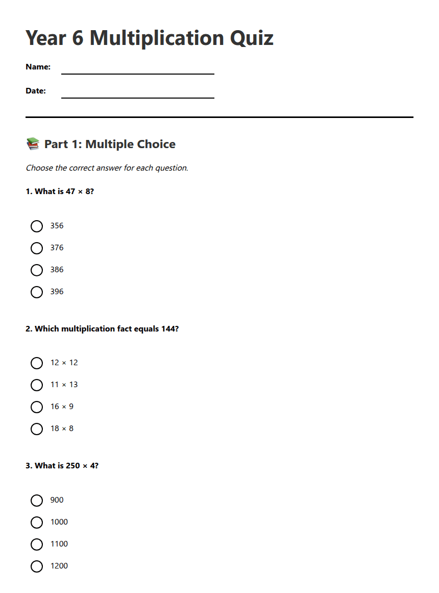 Year 6 Multiplication Quiz worksheet preview