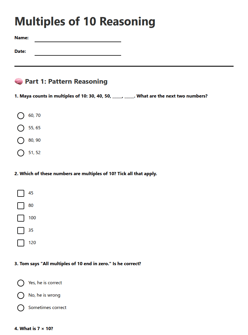 Multiples of 10 Reasoning worksheet preview