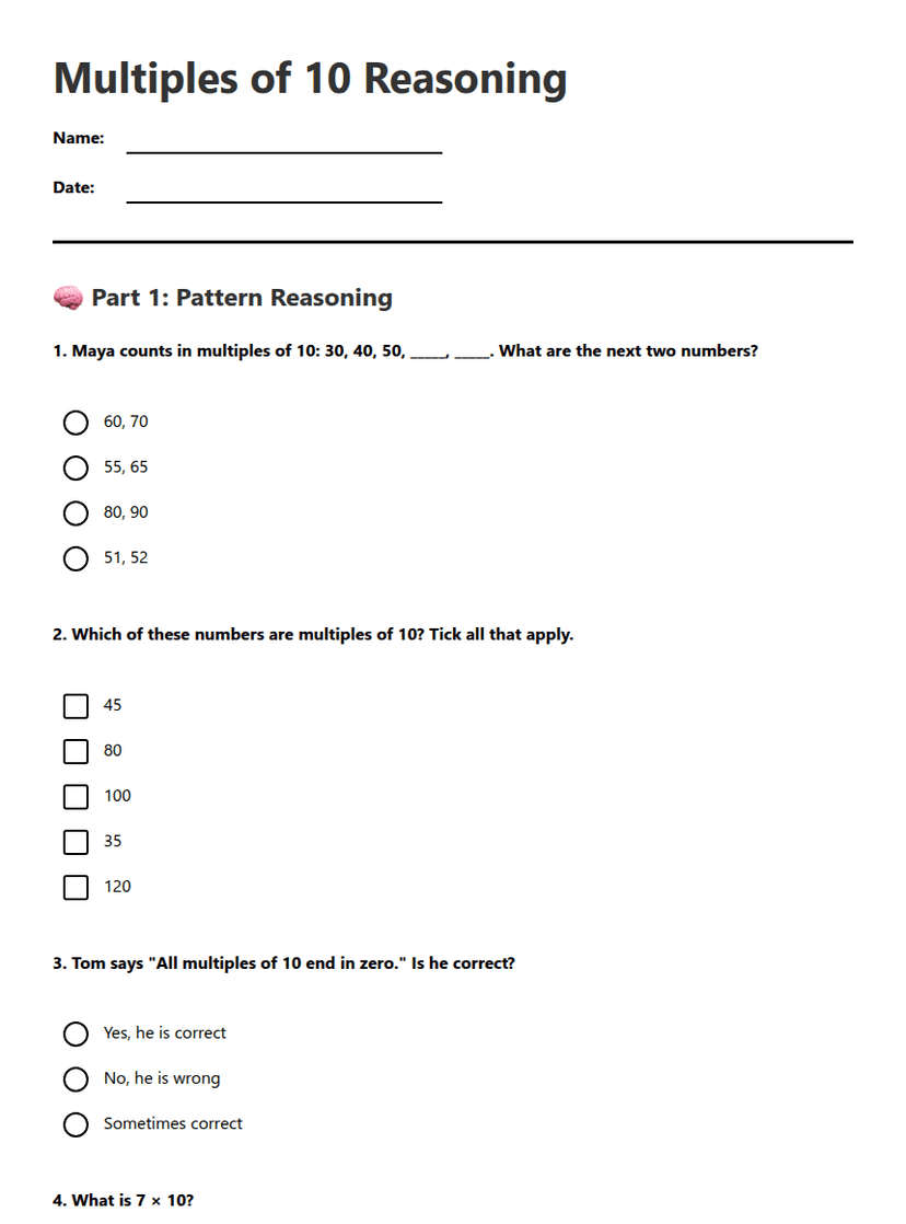 Multiples of 10 Reasoning