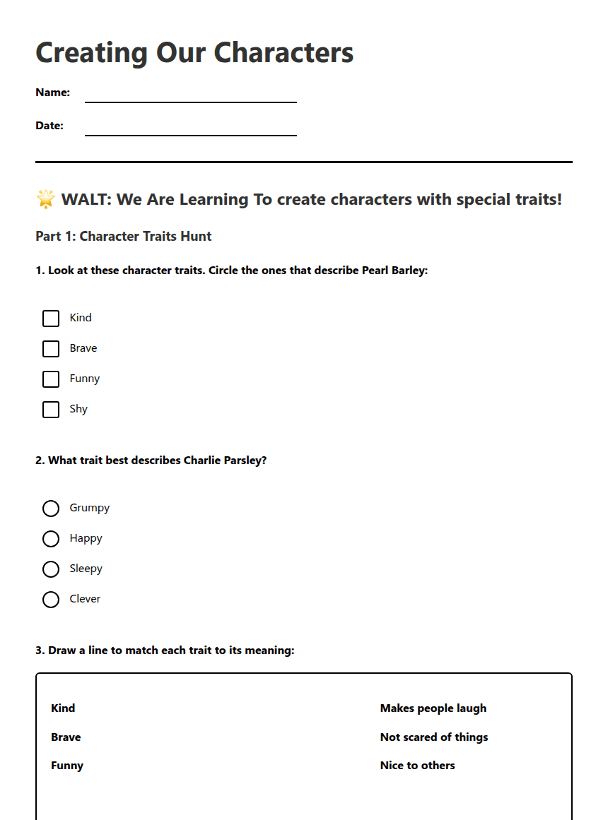 Creating Our Characters worksheet preview