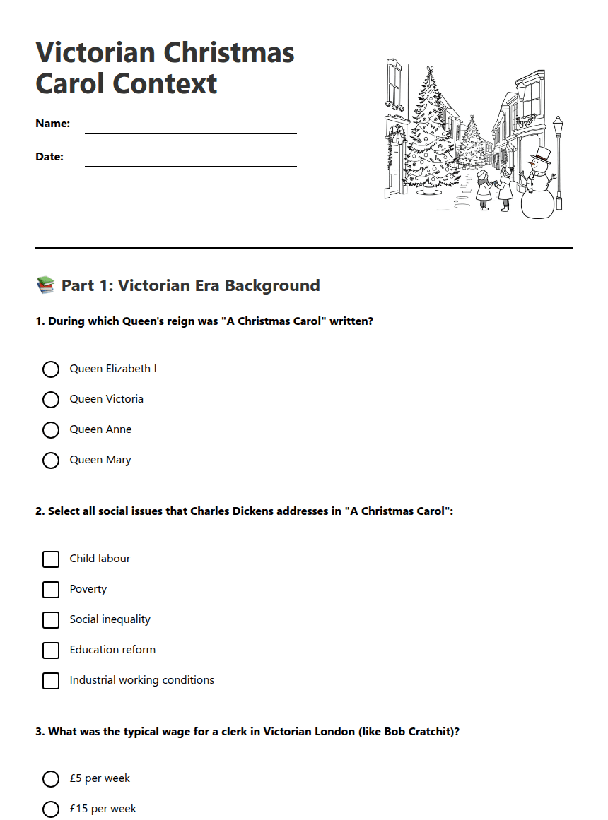 Victorian Christmas Carol Context worksheet preview