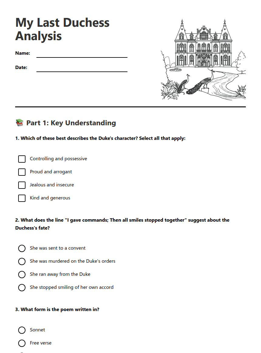 My Last Duchess Analysis worksheet preview