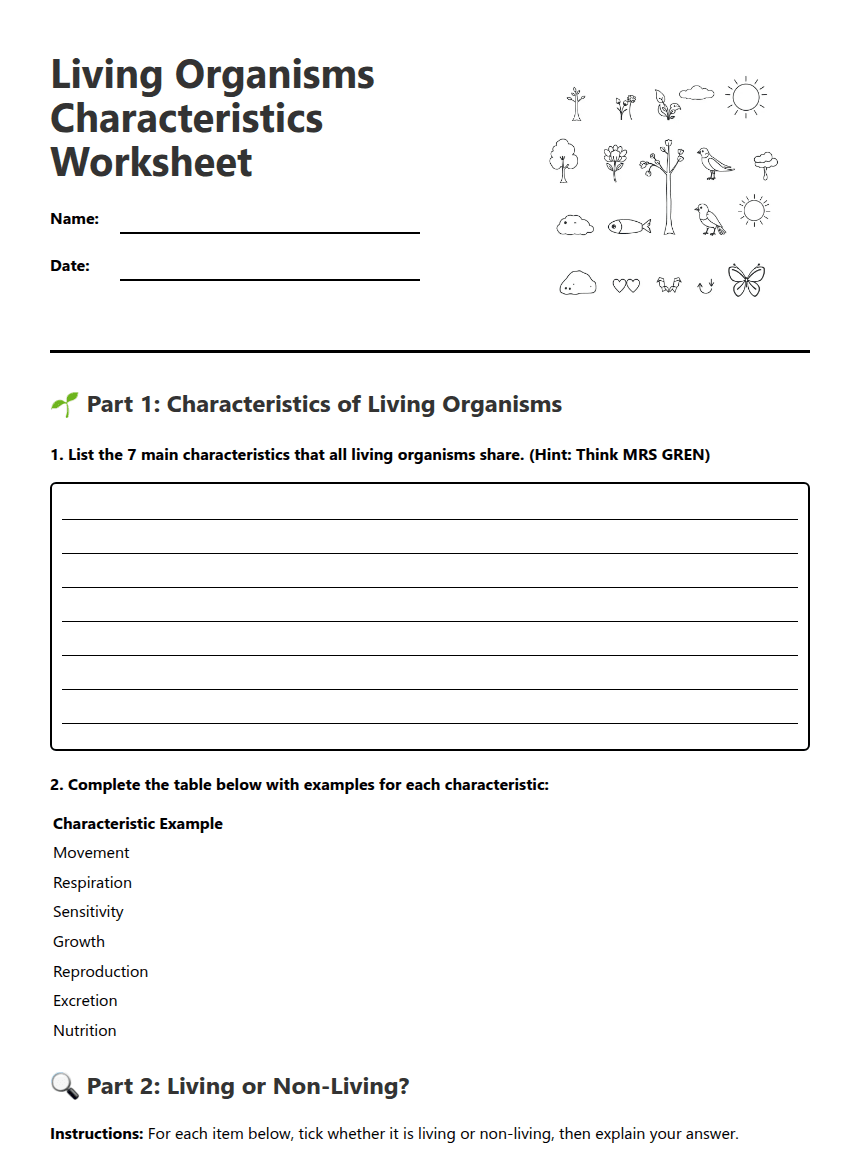 Living Organisms Characteristics Worksheet worksheet preview
