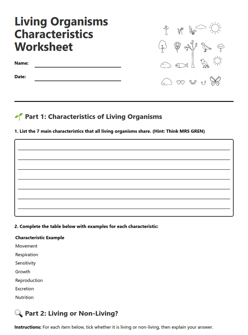 Living Organisms Characteristics Worksheet