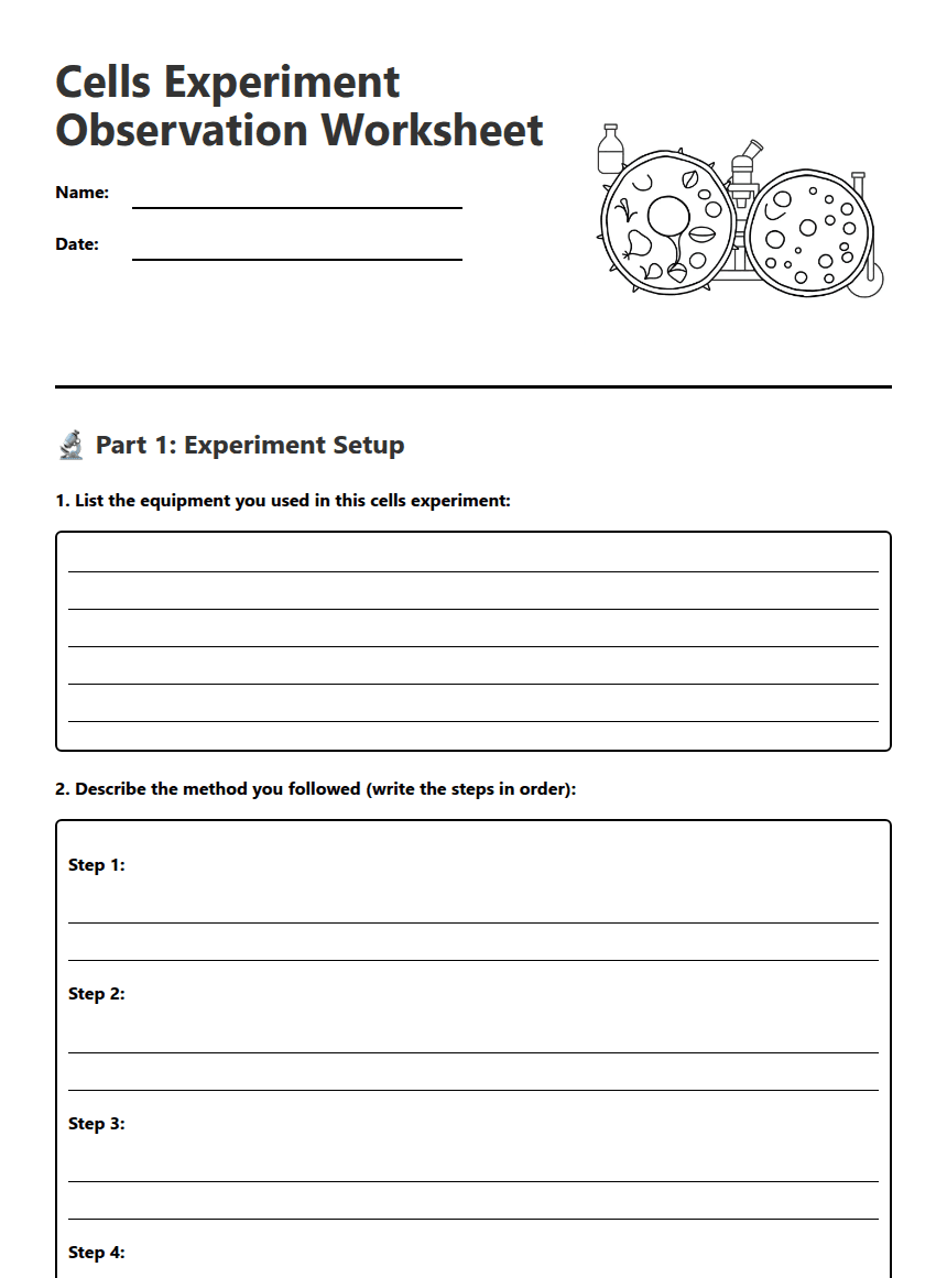 Cells Experiment Observation Worksheet worksheet preview