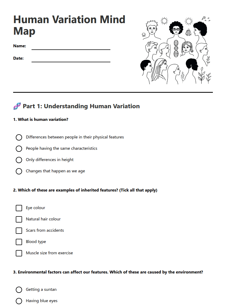 Human Variation Mind Map worksheet preview