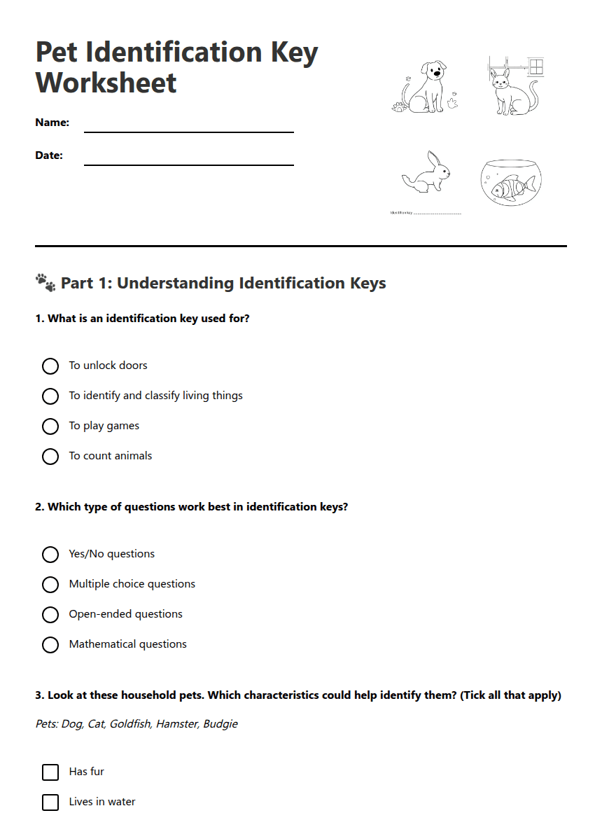 Pet Identification Key Worksheet worksheet preview