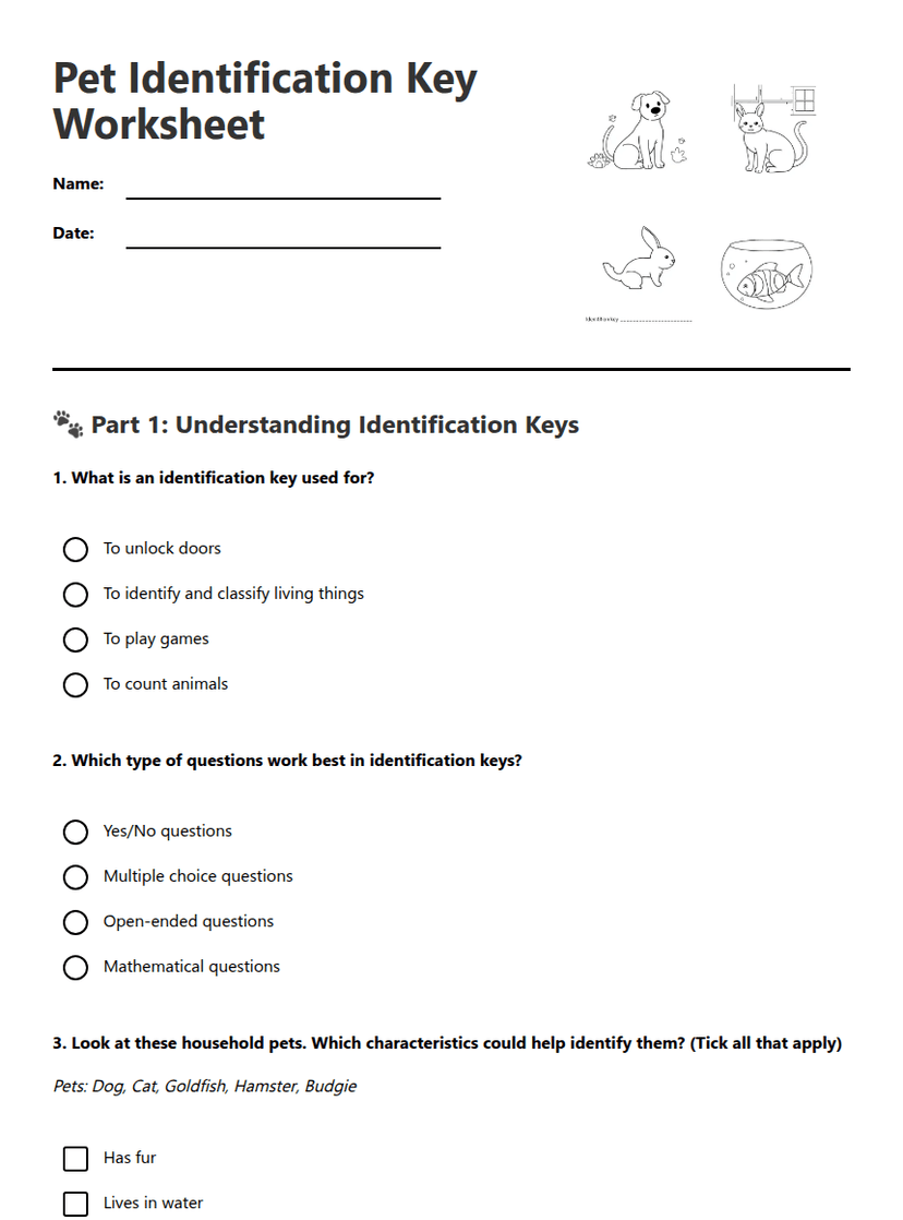 Pet Identification Key Worksheet
