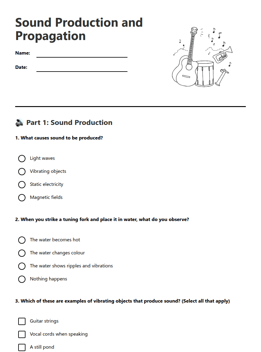 Sound Production and Propagation worksheet preview