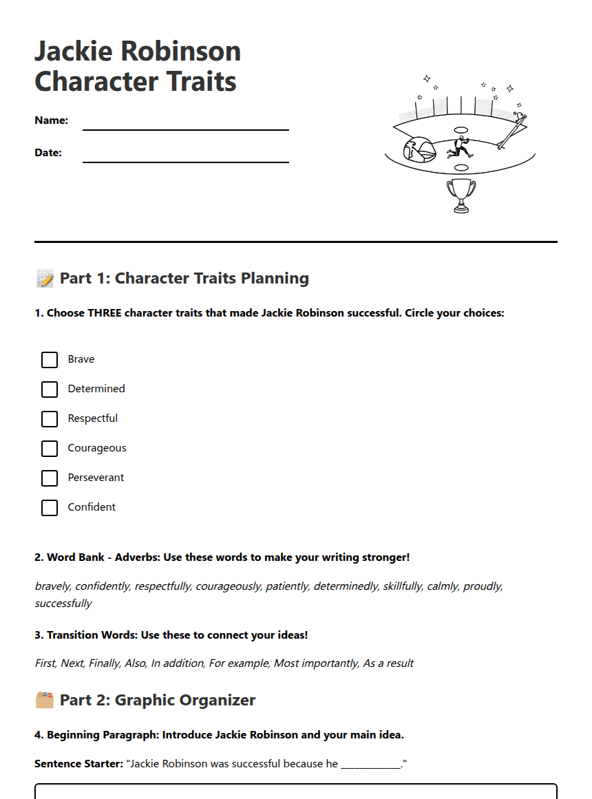 Jackie Robinson Character Traits worksheet preview
